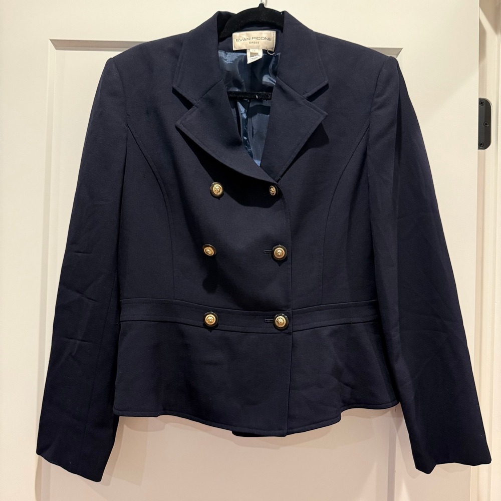 Vintage 80s Preppy Evan Picone Wool Blazer 12 Navy Gold Button Double Breasted